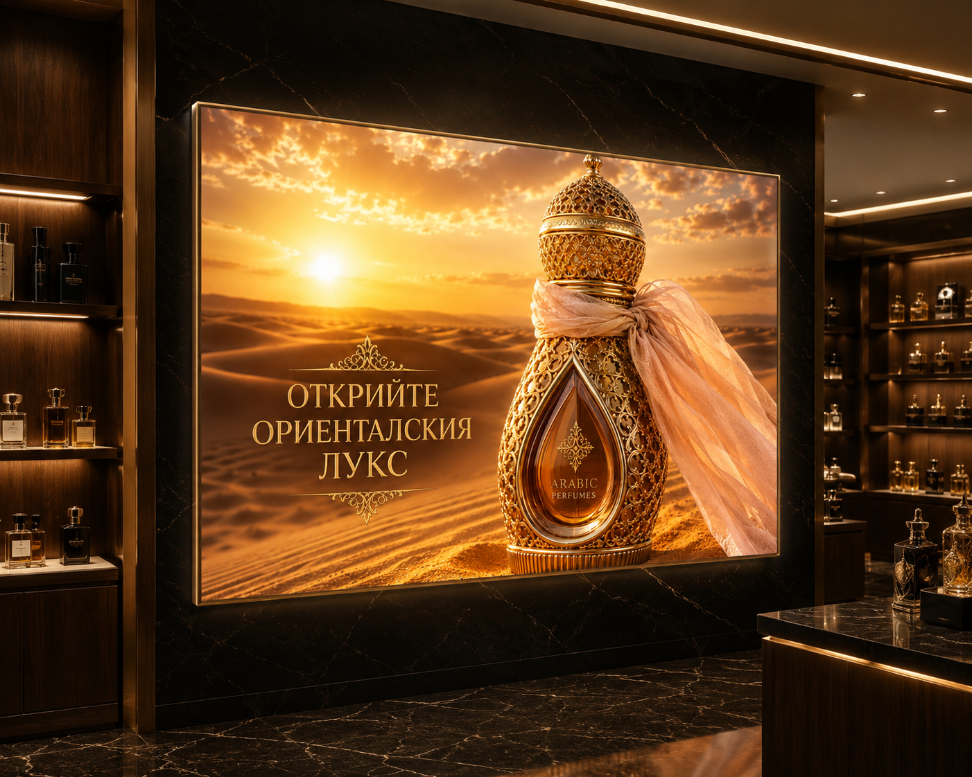 Голяма светеща рекламна табела за ориенталски парфюми